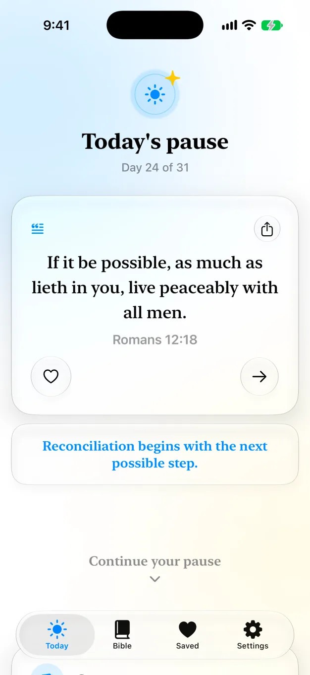 Devotion home screen with today's reading and reflection