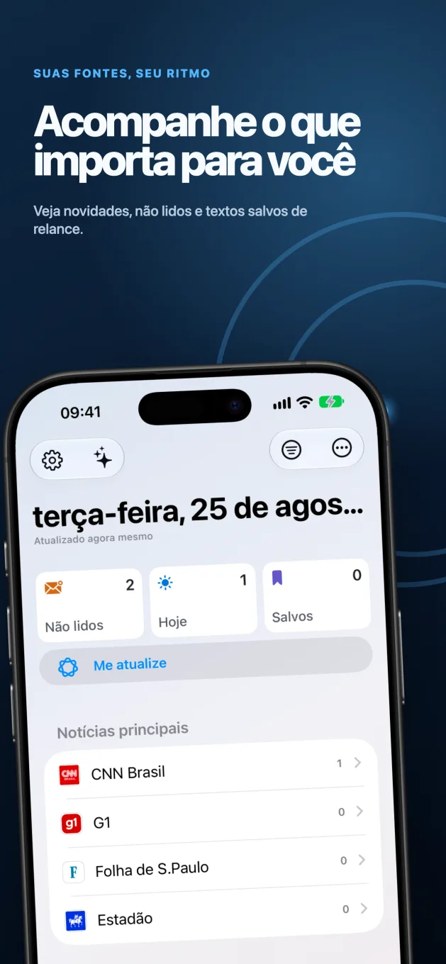 Captura promocional do Sources: 'Acompanhe o que importa para você' acima da tela com resumos e fontes acompanhadas